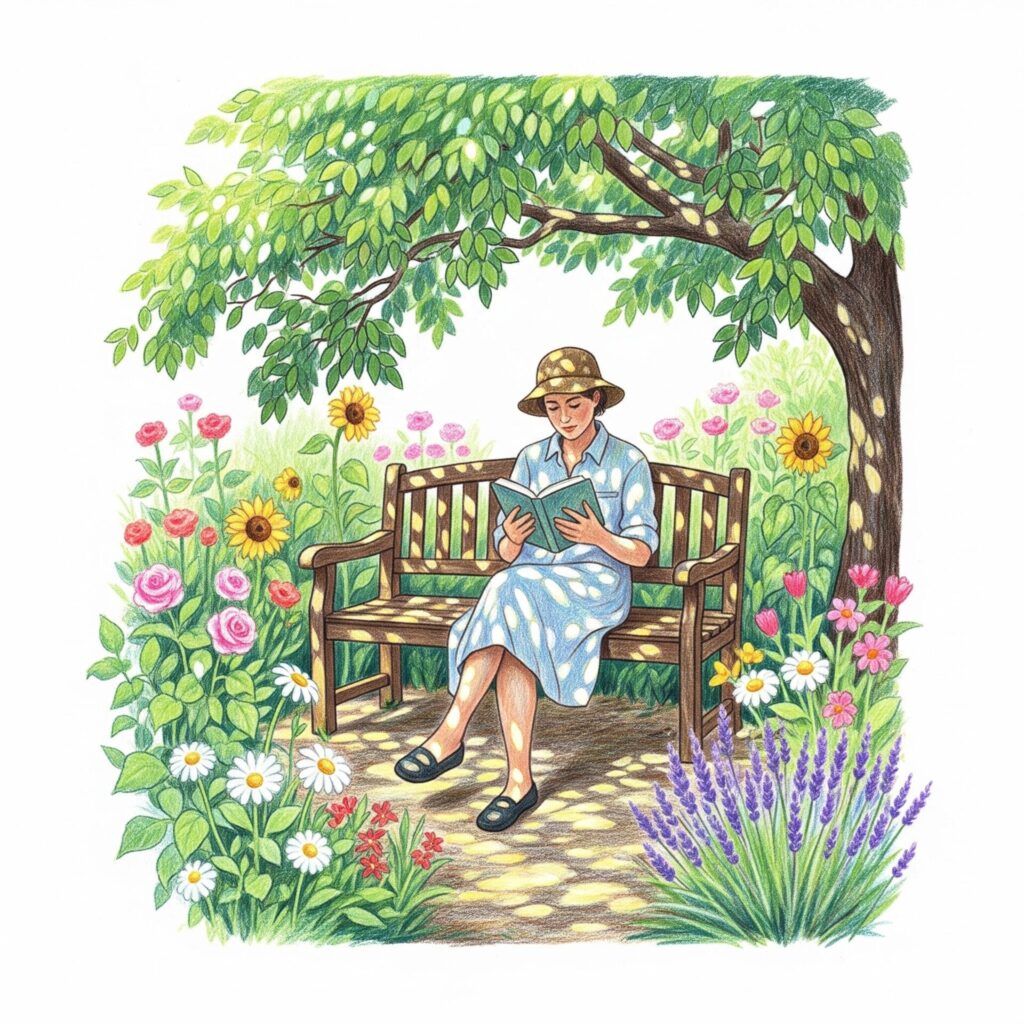 lady sat down reading a book in the garden