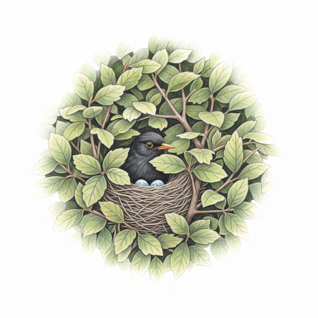 Blackbird nesting in a hedge