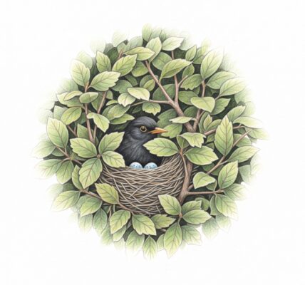Blackbird nesting in a hedge