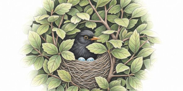 Blackbird nesting in a hedge