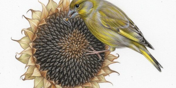 Greenfinch feeding on sunflower seeds