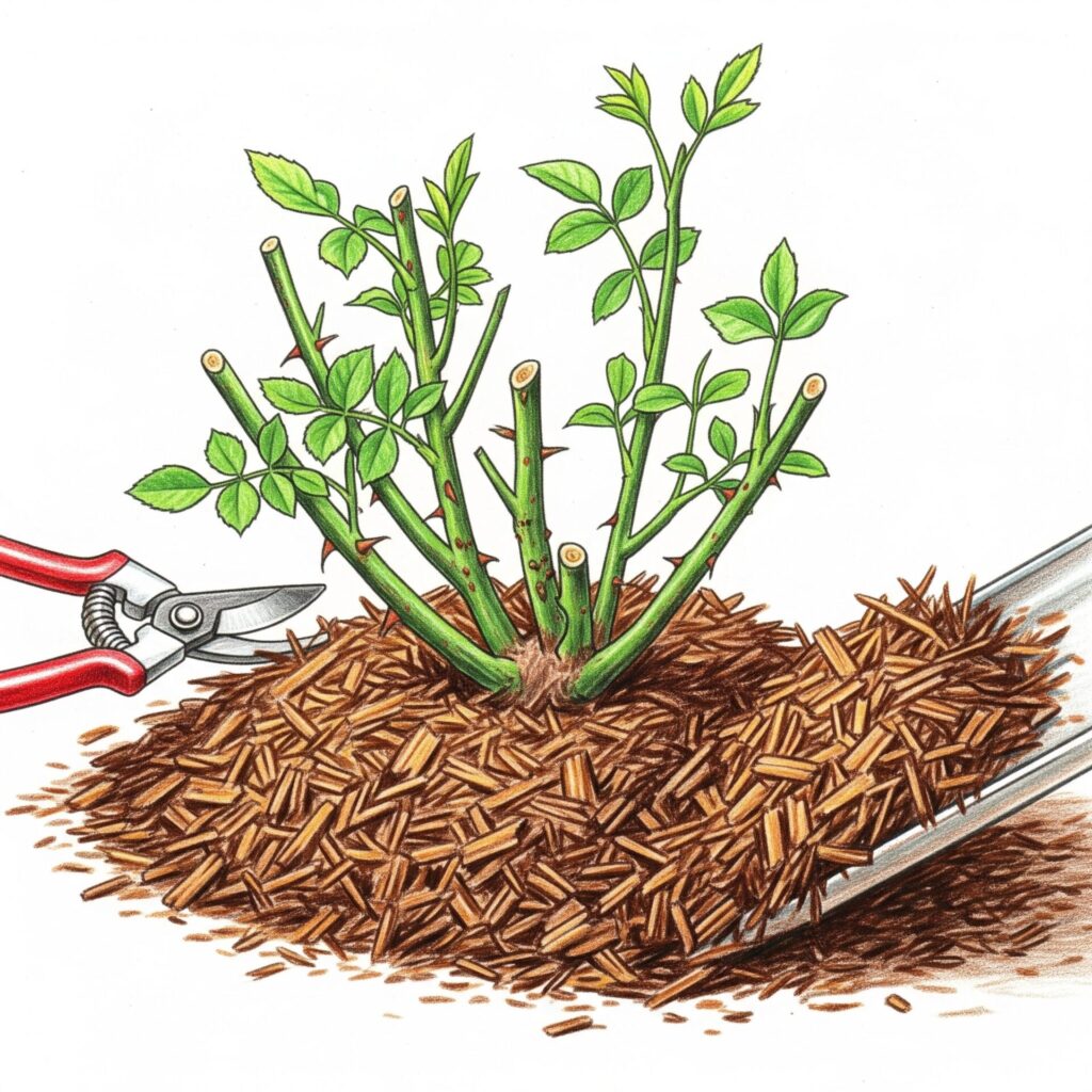 cut-back and mulching around a rose