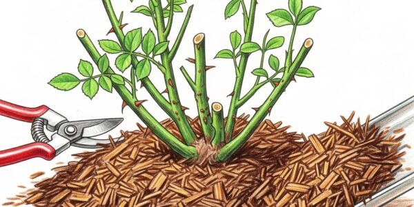 cut-back and mulching around a rose
