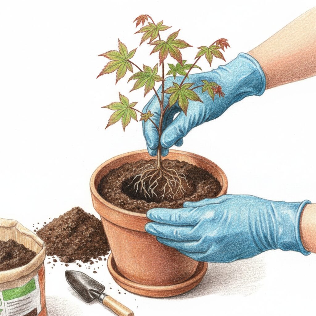 Potting up tree saplings