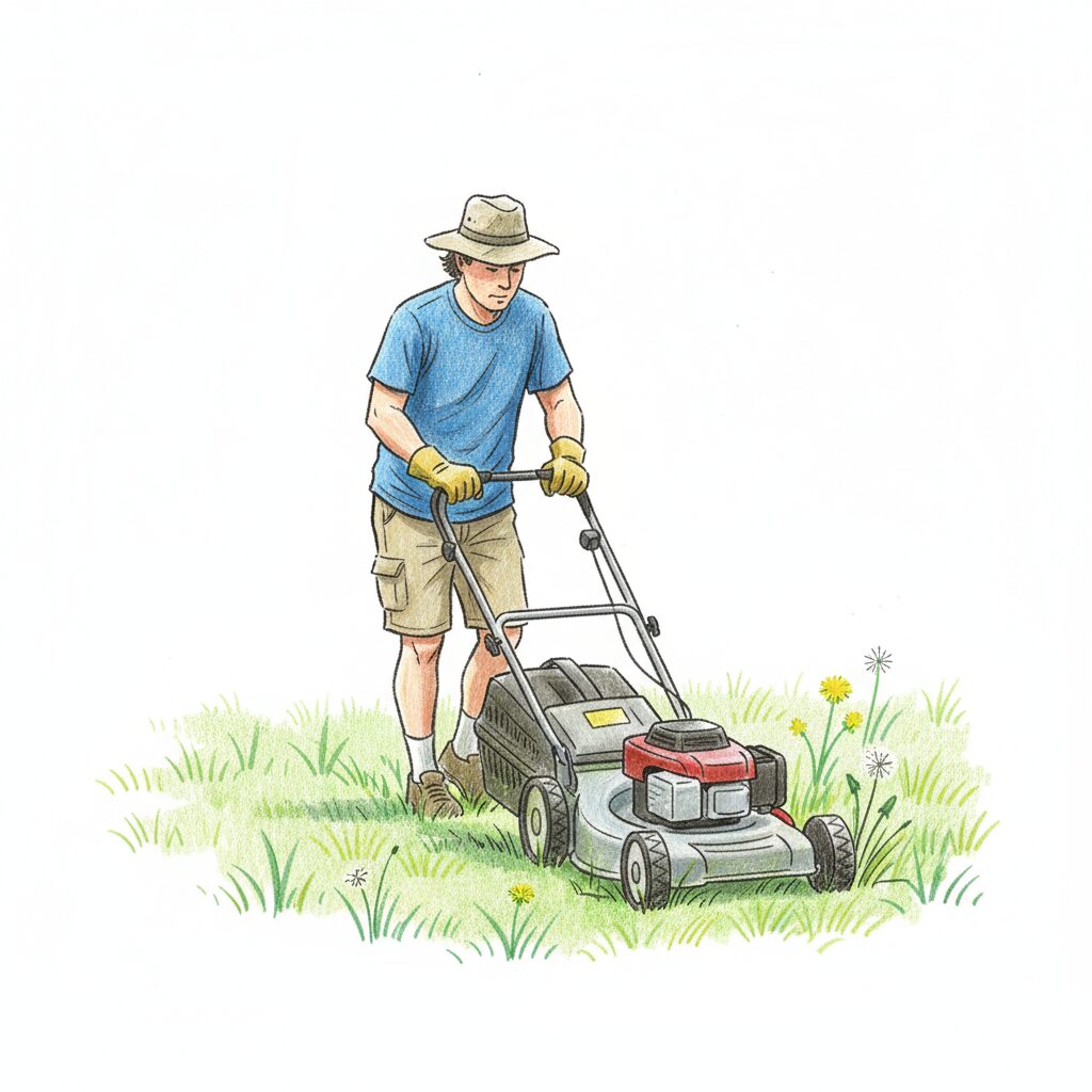 Mowing the lawn after a hot summer