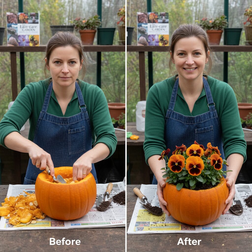 Making a pansy pumpkin planter