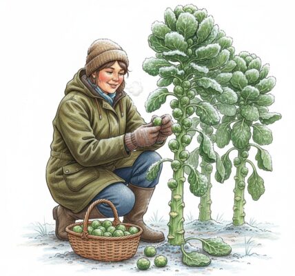 Picking frosted Brussel sprouts