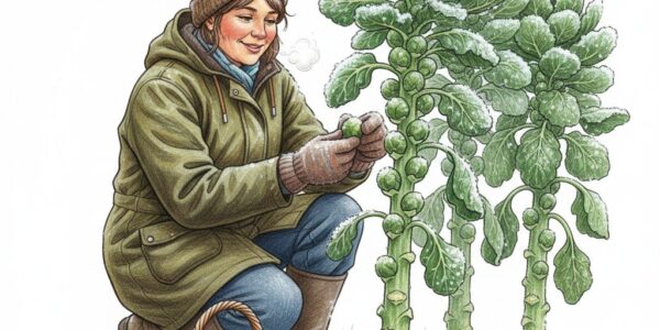 Picking frosted Brussel sprouts