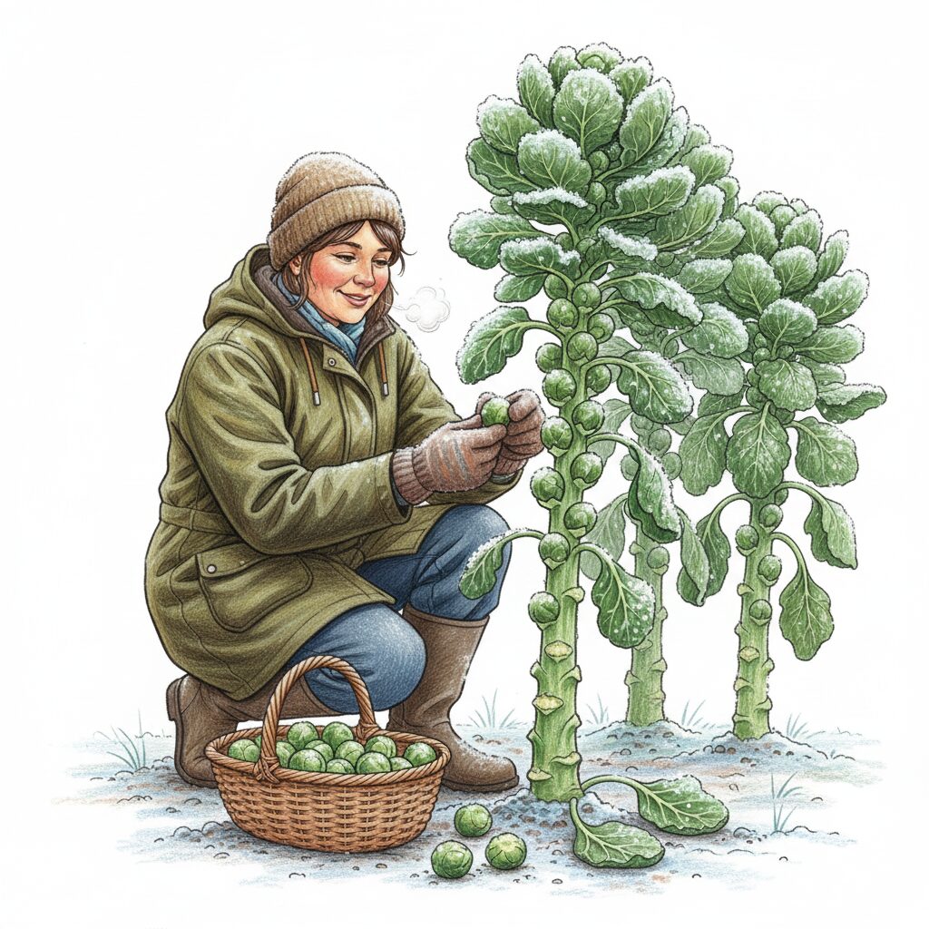 Picking frosted Brussel sprouts