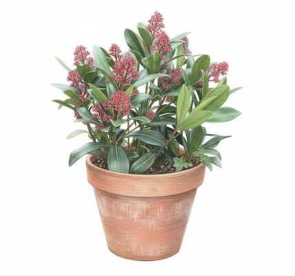 Skimmia japonica 'Rubella' in a container for winter interest