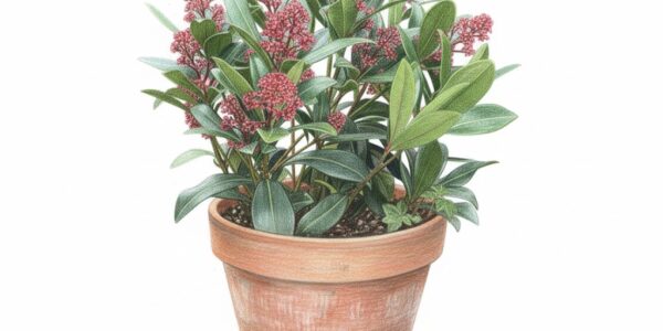Skimmia japonica 'Rubella' in a container for winter interest