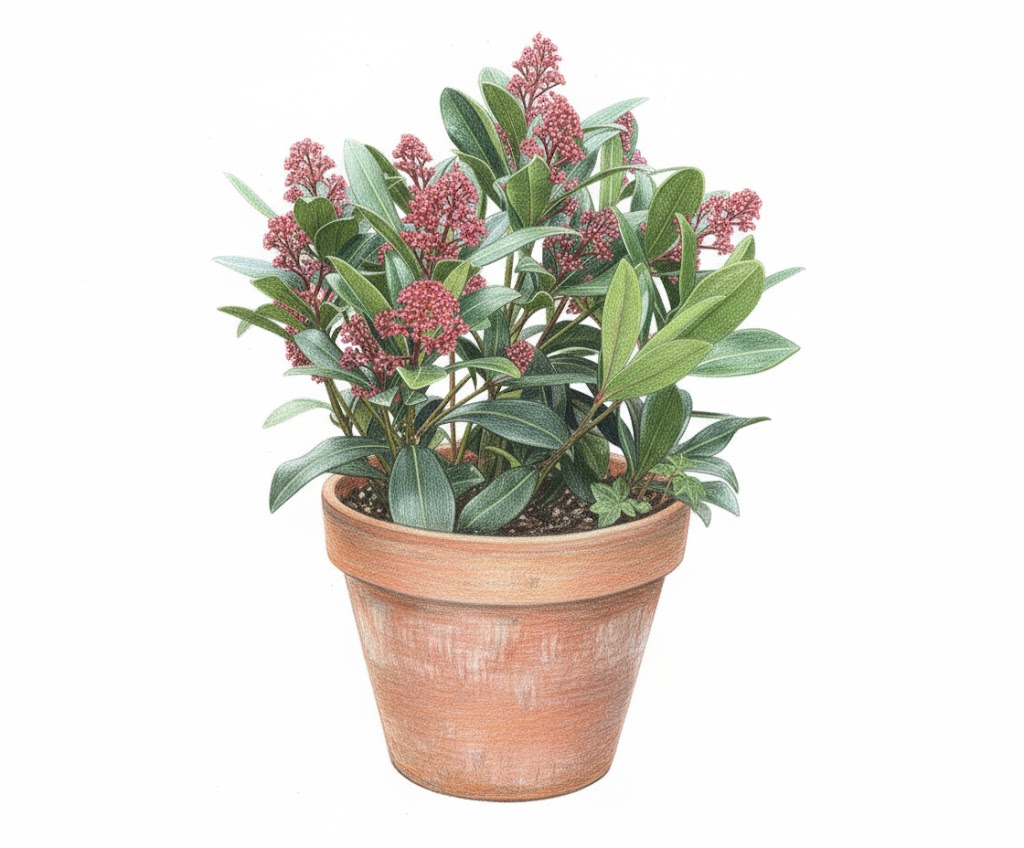 Skimmia japonica 'Rubella' in a container for winter interest
