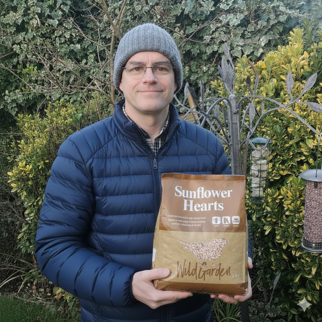 Scott holding a bag of sunflower hearts