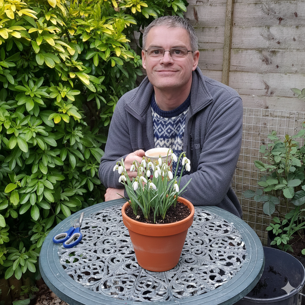 February tasks - sat with a pot of snowdrops