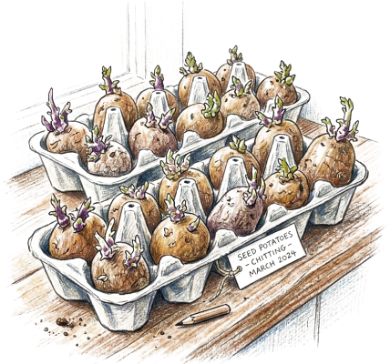 Chitting seed potatoes in March