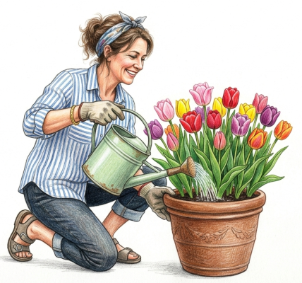 watering tulips