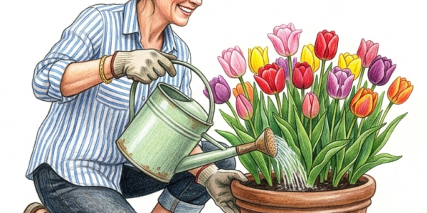 watering tulips
