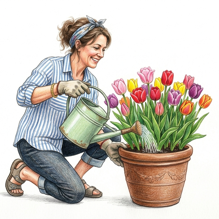 watering tulips