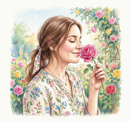 Lady smelling a rose