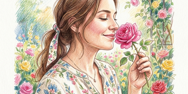 Lady smelling a rose