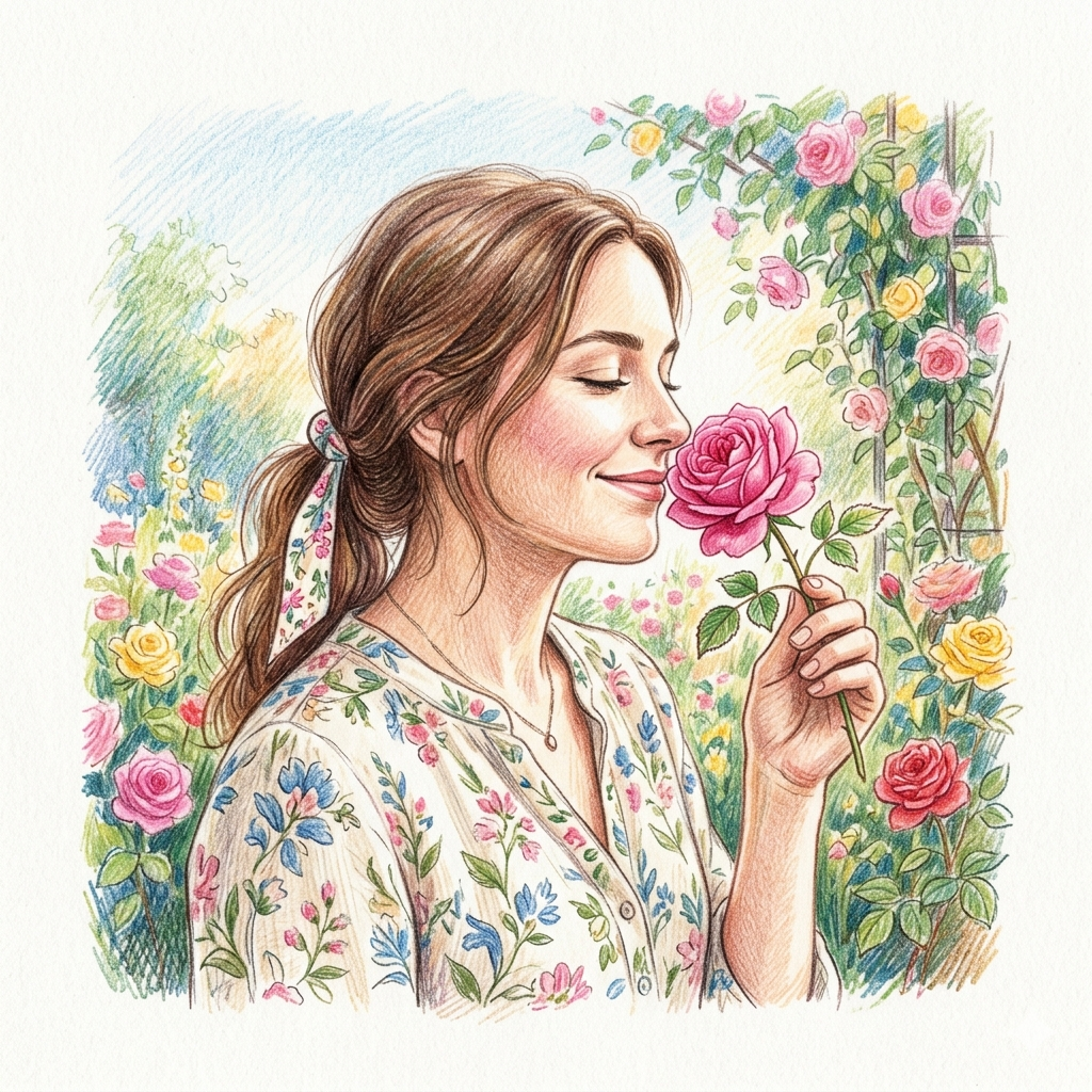 Lady smelling a rose