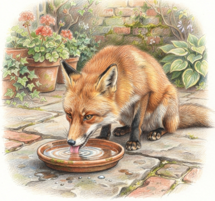 Fox drinking from a saucer of water