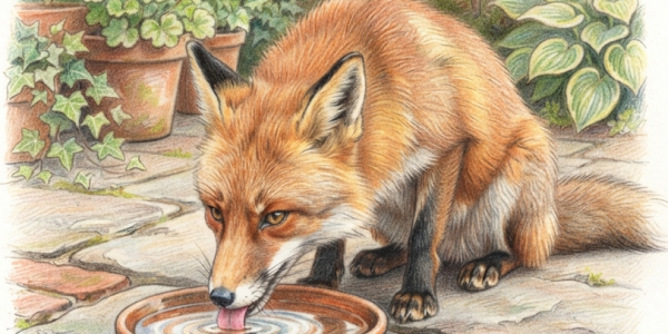 Fox drinking from a saucer of water