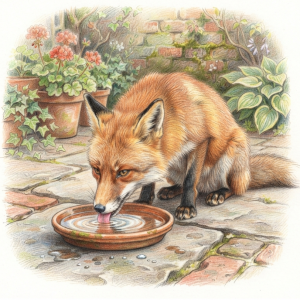 Fox drinking from a saucer of water