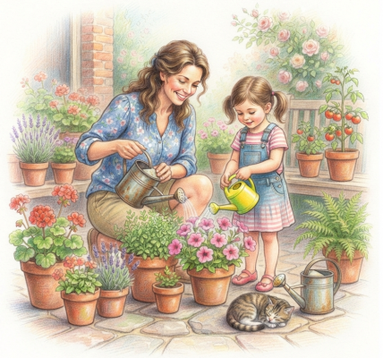 Watering plants on the patio