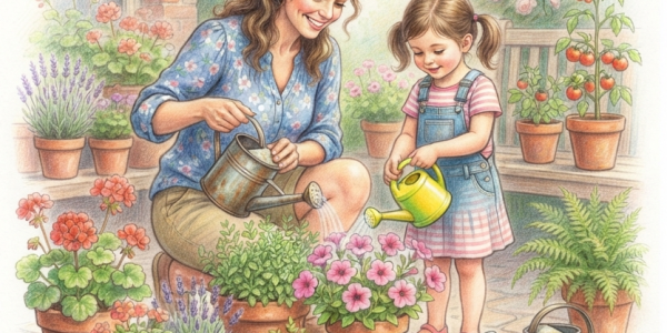 Watering plants on the patio