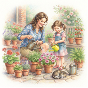 Watering plants on the patio